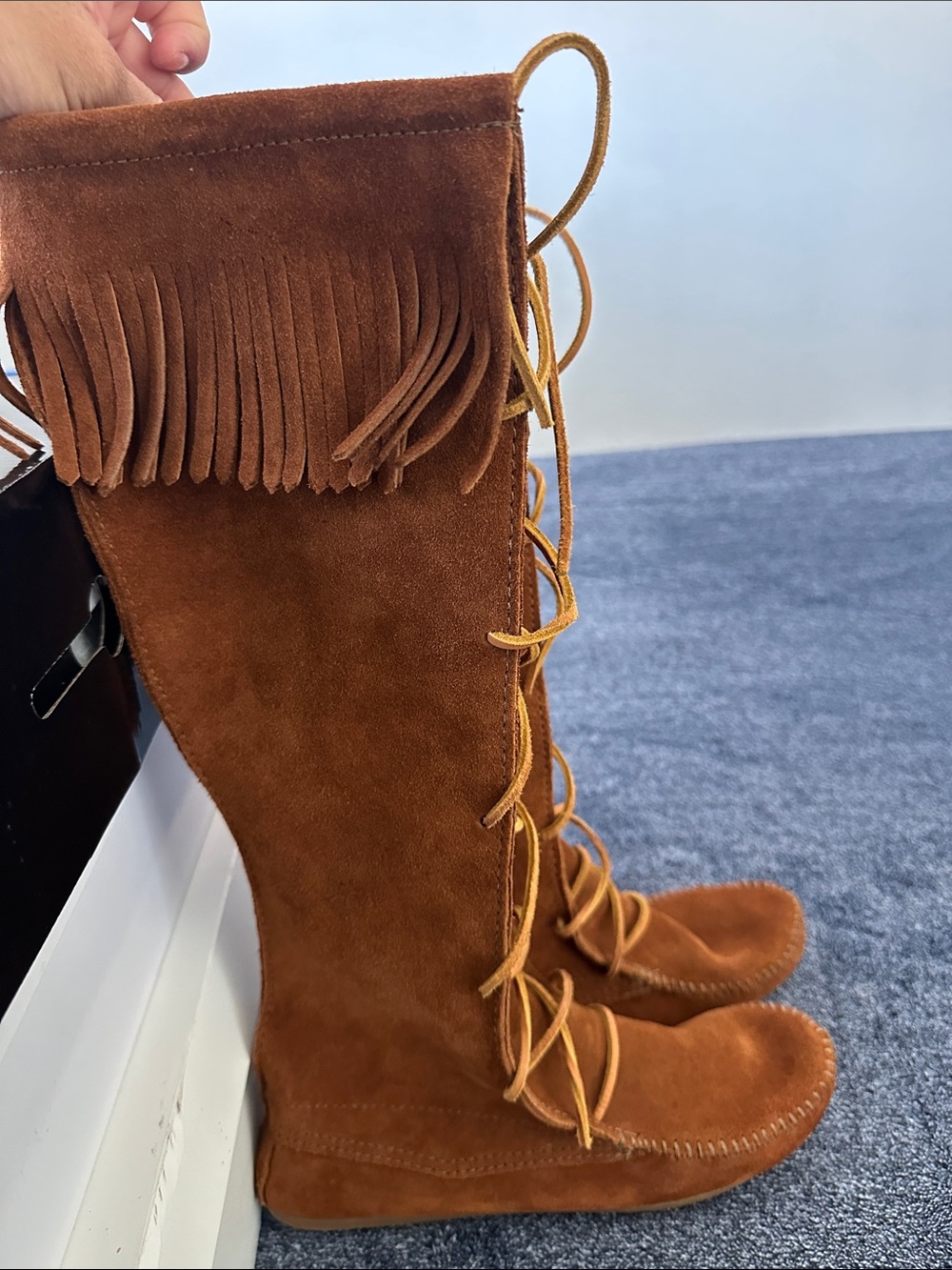 Women's Brown Suede Fringe Lace-Up Knee Boots - Picture 6 of 6